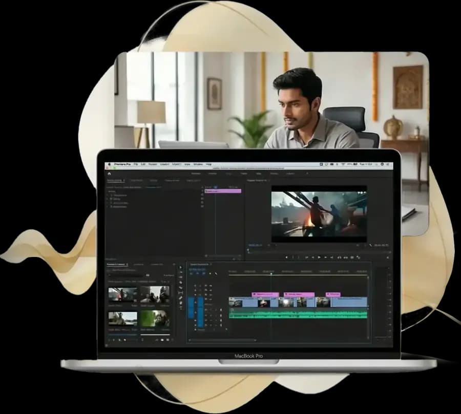Student editing wedding films on MacBook Pro at Quick Art Photography Academy