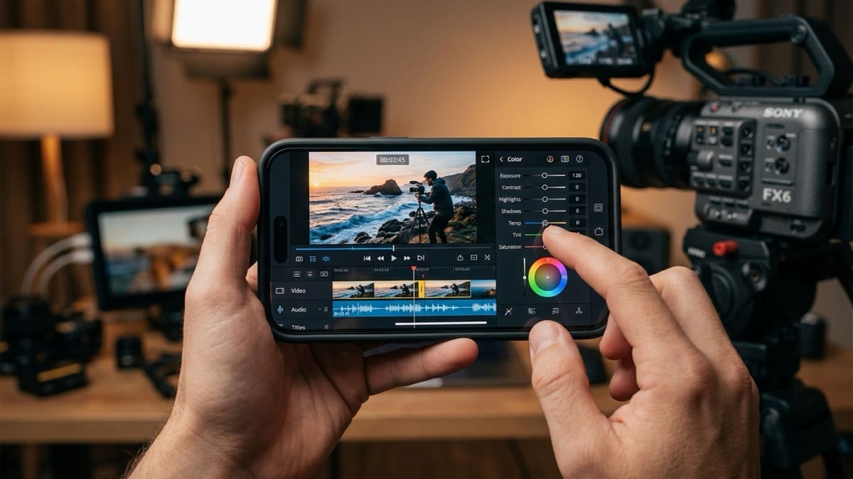 Close-up of hands editing 4K video in VN and CapCut video editing app on iPhone