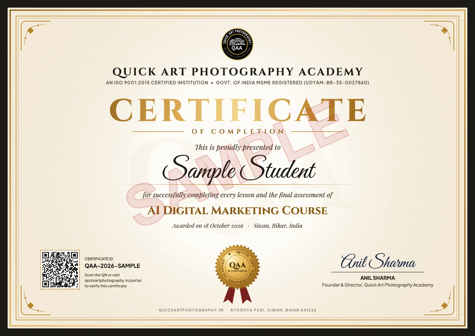 Sample certificate for the AI Digital Marketing Course at Quick Art Photography Academy