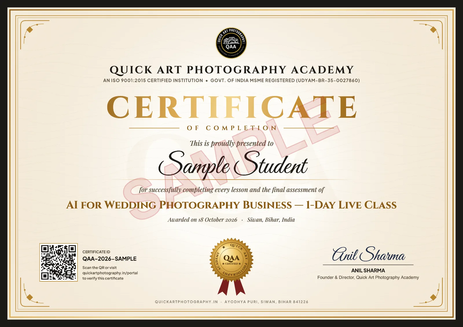 Sample certificate for the AI for Wedding Photography Business live class