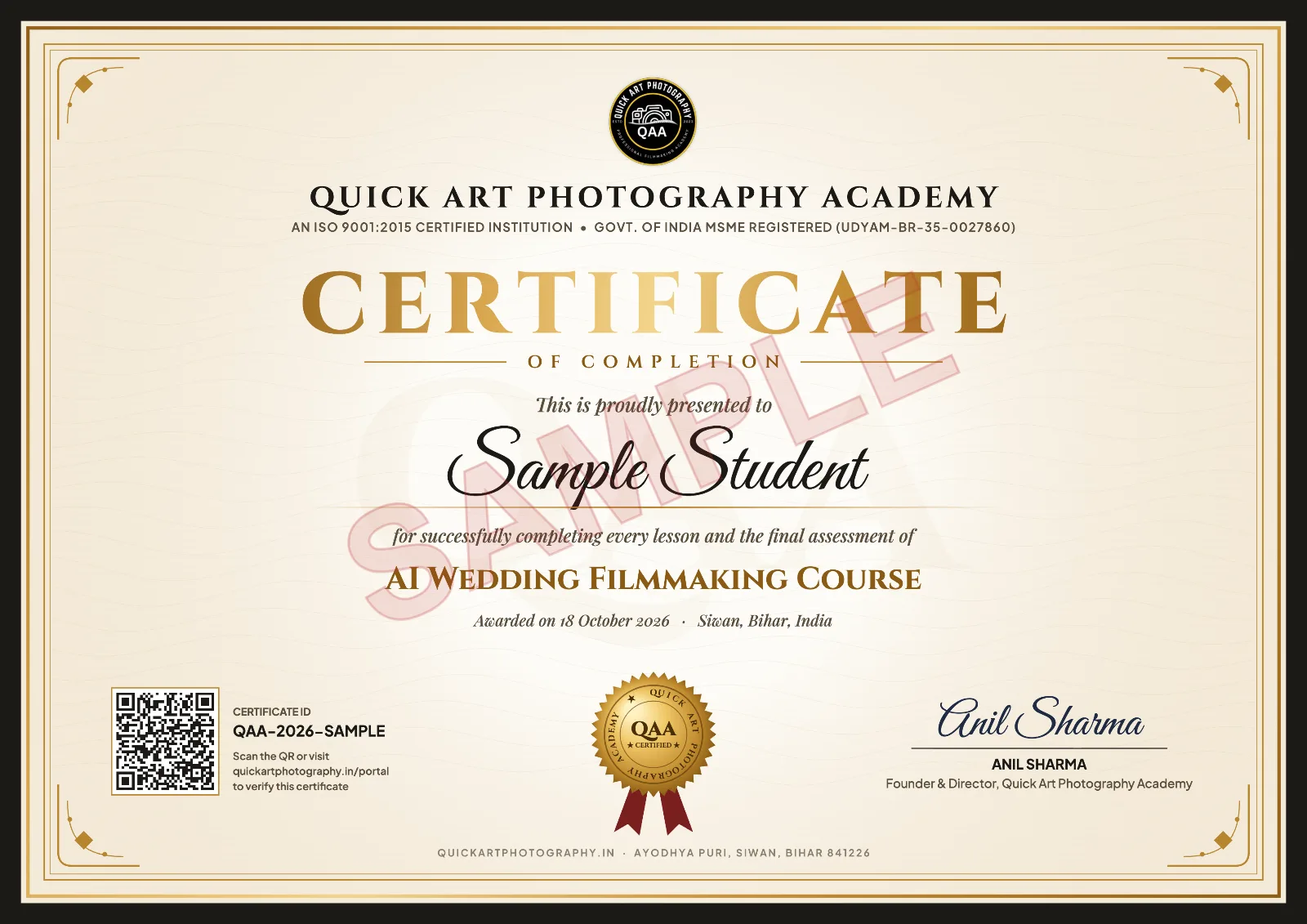 Sample certificate for the AI Wedding Filmmaking Course at Quick Art Photography Academy
