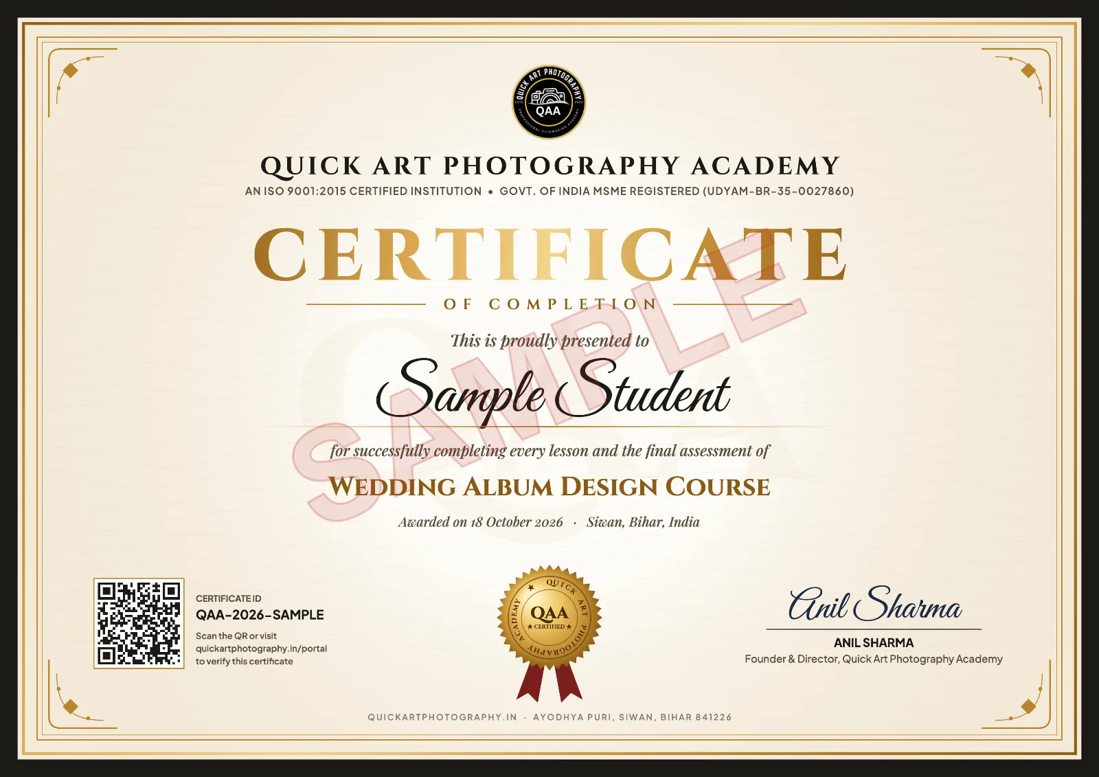Sample certificate for the Wedding Album Design Course at Quick Art Photography Academy