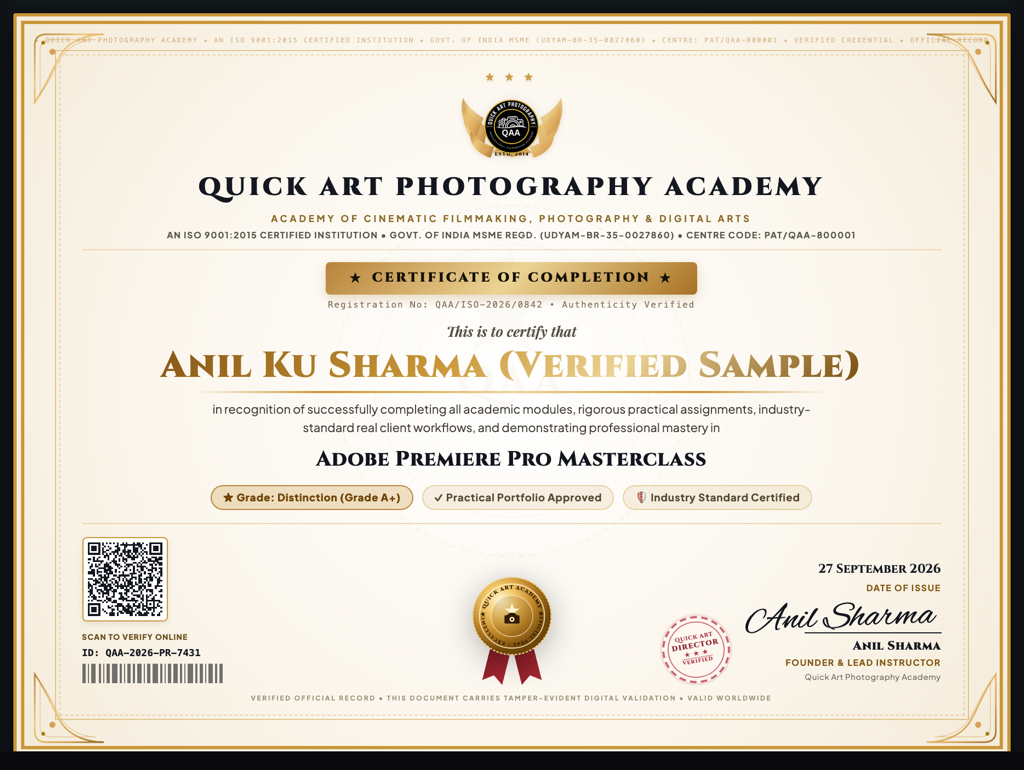 Quick Art Photography Academy Official ISO 9001:2015 Accredited Certificate of Completion Demo