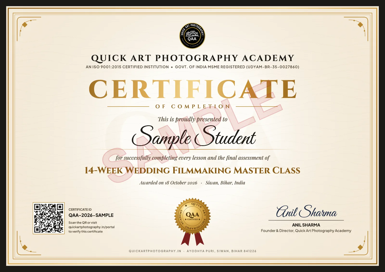 Sample certificate for the 14-Week Wedding Filmmaking Master Class at Quick Art Photography Academy