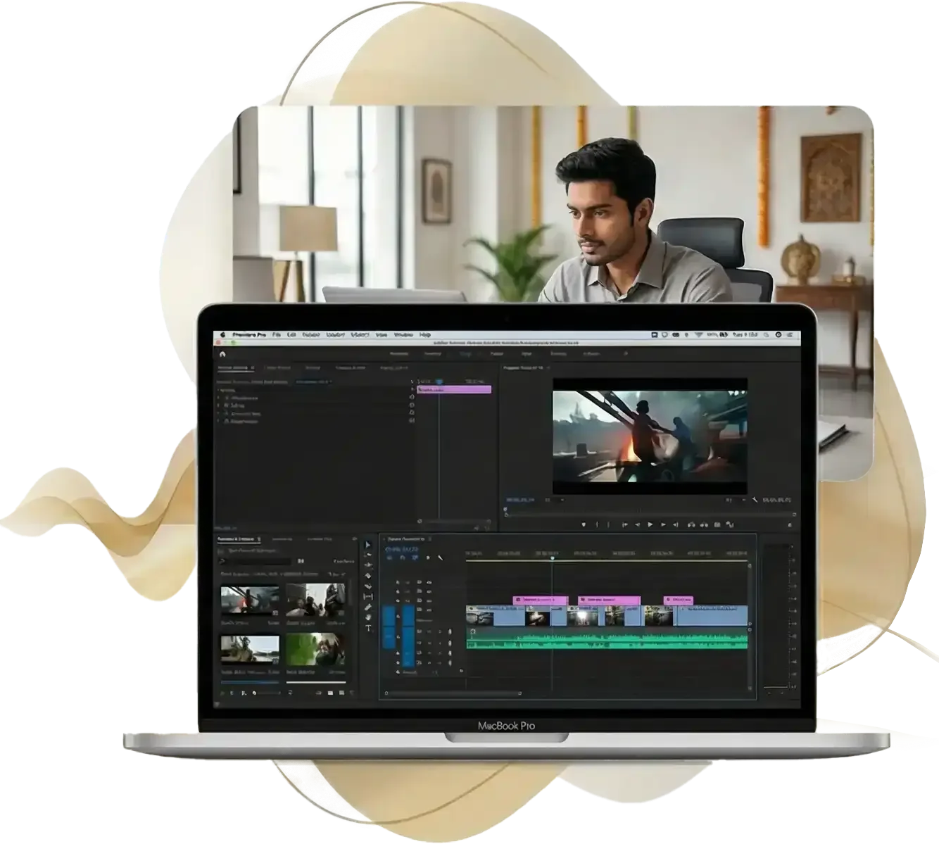 Student editing wedding films on MacBook Pro with Adobe Premiere Pro